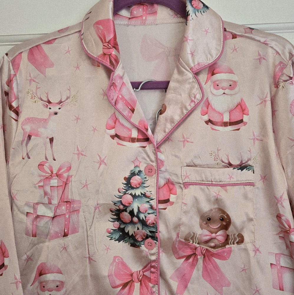 Pink Satin Christmas Pajamas, Pink Holiday Pjs!